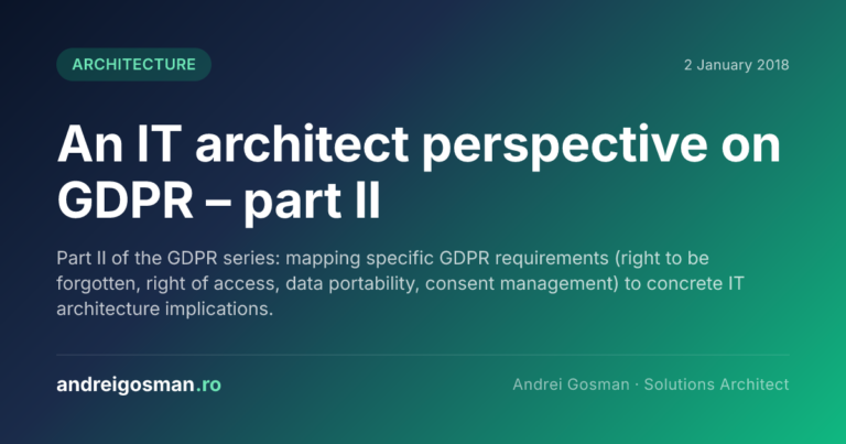 Part II of the GDPR series: mapping specific GDPR requirements (right to be forgotten, right of access, data portability, consent management) to concrete IT architecture implications.