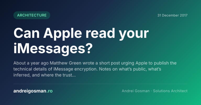 About a year ago Matthew Green wrote a short post urging Apple to publish the technical details of iMessage encryption. Notes on what’s public, what’s inferred, and where the trust…