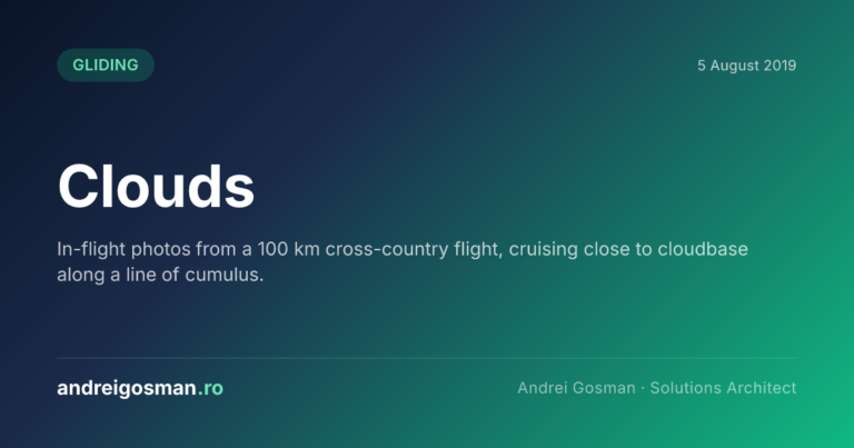 In-flight photos from a 100 km cross-country flight, cruising close to cloudbase along a line of cumulus.