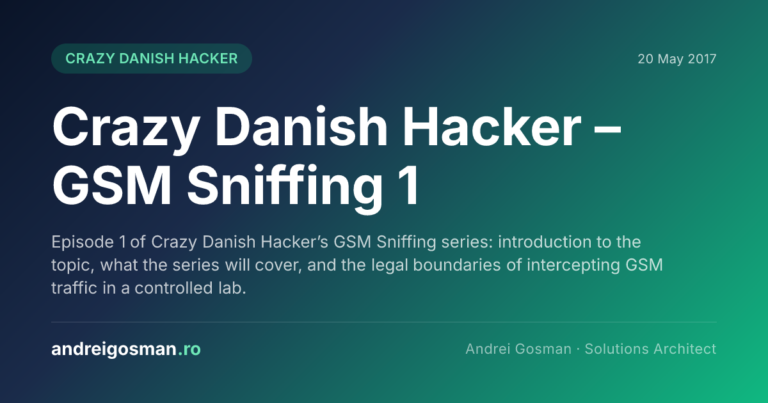 Episode 1 of Crazy Danish Hacker’s GSM Sniffing series: introduction to the topic, what the series will cover, and the legal boundaries of intercepting GSM traffic in a controlled lab.