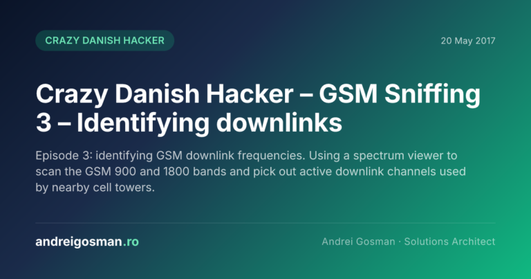 Episode 3: identifying GSM downlink frequencies. Using a spectrum viewer to scan the GSM 900 and 1800 bands and pick out active downlink channels used by nearby cell towers.