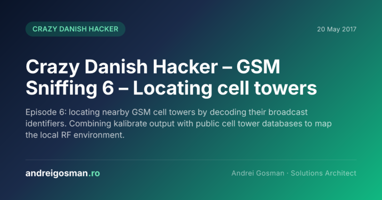 Episode 6: locating nearby GSM cell towers by decoding their broadcast identifiers. Combining kalibrate output with public cell tower databases to map the local RF environment.