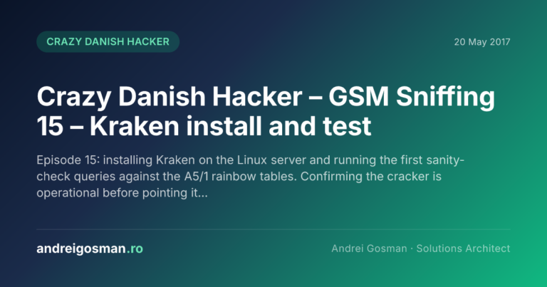 Episode 15: installing Kraken on the Linux server and running the first sanity-check queries against the A5/1 rainbow tables. Confirming the cracker is operational before pointing it…
