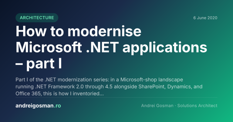 Part I of the .NET modernization series: in a Microsoft-shop landscape running .NET Framework 2.0 through 4.5 alongside SharePoint, Dynamics, and Office 365, this is how I inventoried…