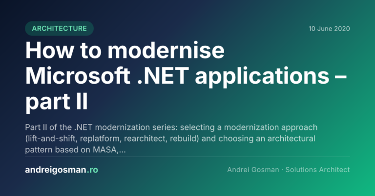 Part II of the .NET modernization series: selecting a modernization approach (lift-and-shift, replatform, rearchitect, rebuild) and choosing an architectural pattern based on MASA,…