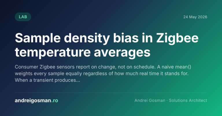 Consumer Zigbee sensors report on change, not on schedule. A naive mean() weights every sample equally regardless of how much real time it stands for. When a transient produces…